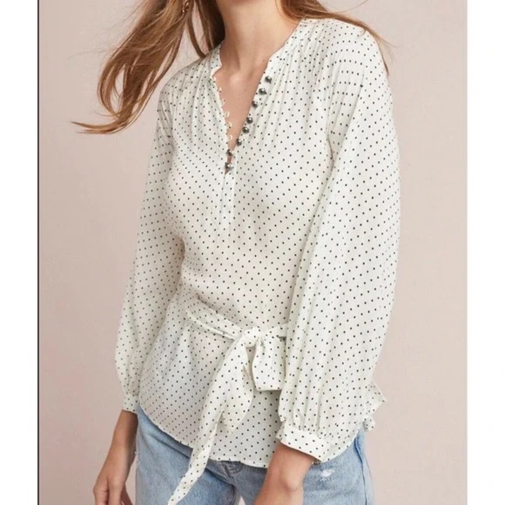 Anthropologie Maeve Lucy Puff Sleeve white polka dot tie waist blouse